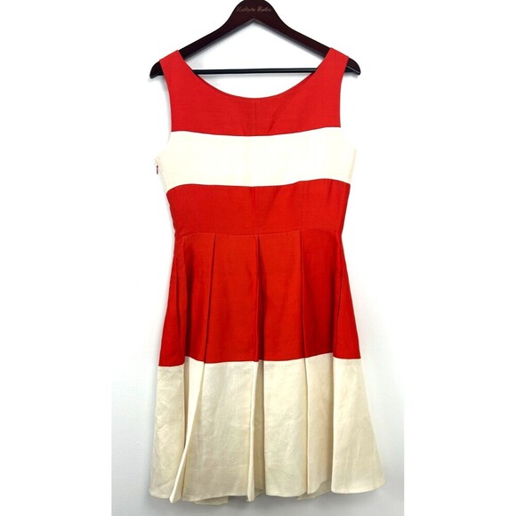 Kate Spade Gayle Fit and Flare Dress Red Cream Size 8 Sleeveless Silk Pleated E4 - Picture 3 of 12